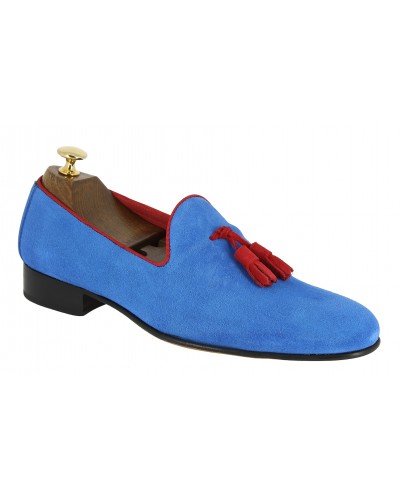 Moccasin with Pompons slippers sleepers Center 51 Prince blue azul blue suede with red tassels