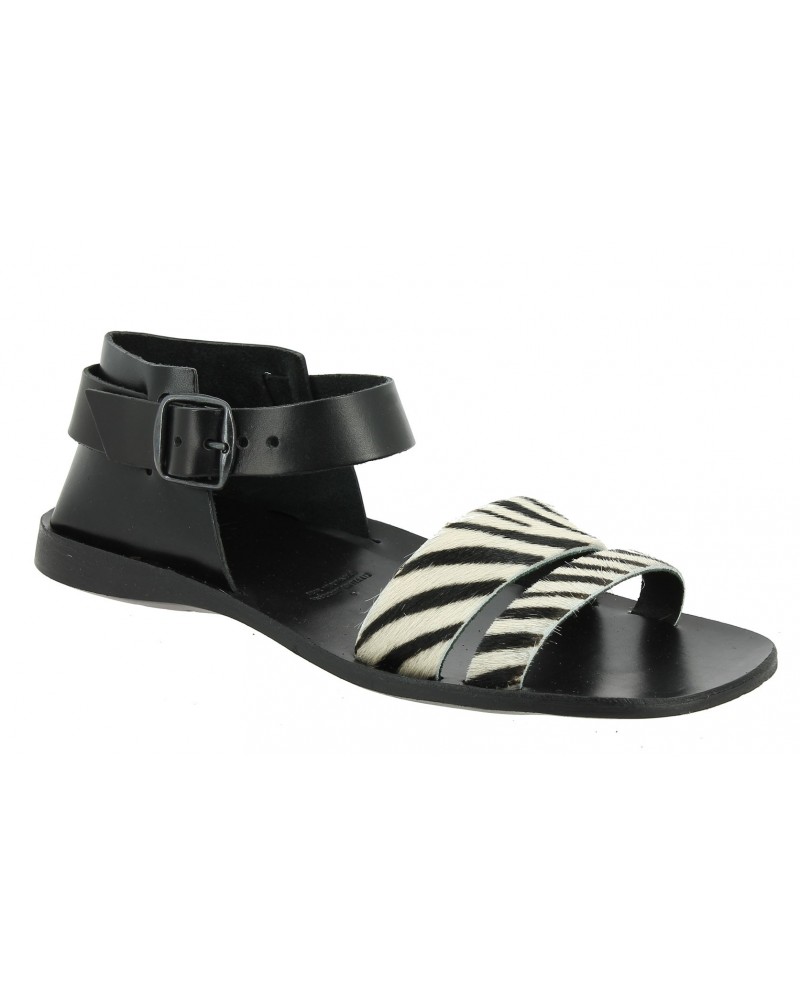 Sandals Zeus 1825 black leather and calf-hair zebra finish