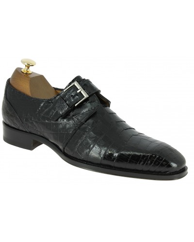 Chaussure à boucle Mezlan 4312 véritable crocodile noir