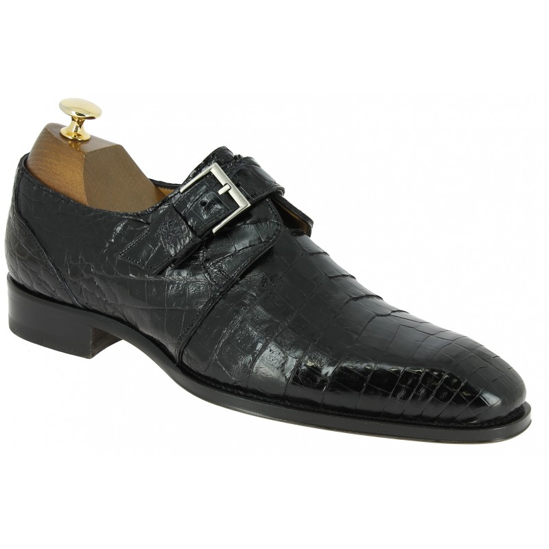 Chaussure à boucle Mezlan 4312 véritable crocodile noir