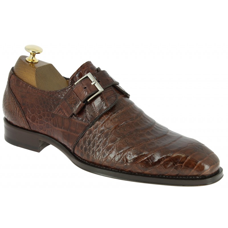 Chaussure à boucle Mezlan 4312 véritable crocodile cognac