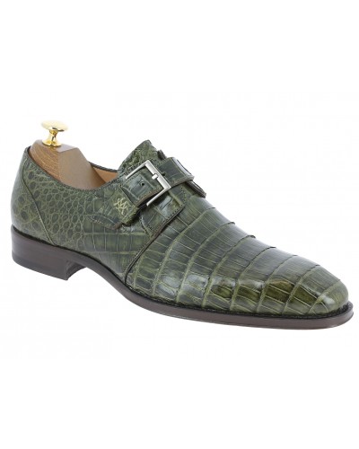 Chaussure à boucle Mezlan 4312 véritable crocodile vert