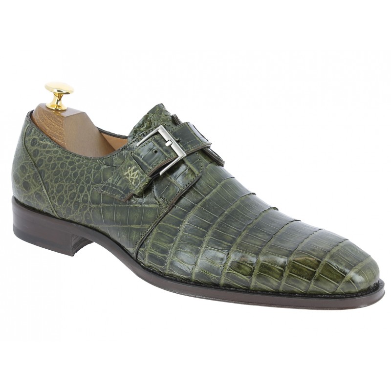 Chaussure à boucle Mezlan 4312 véritable crocodile vert
