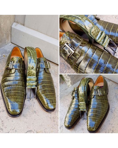 Monk strap shoe Mezlan 4312 genuine green crocodile