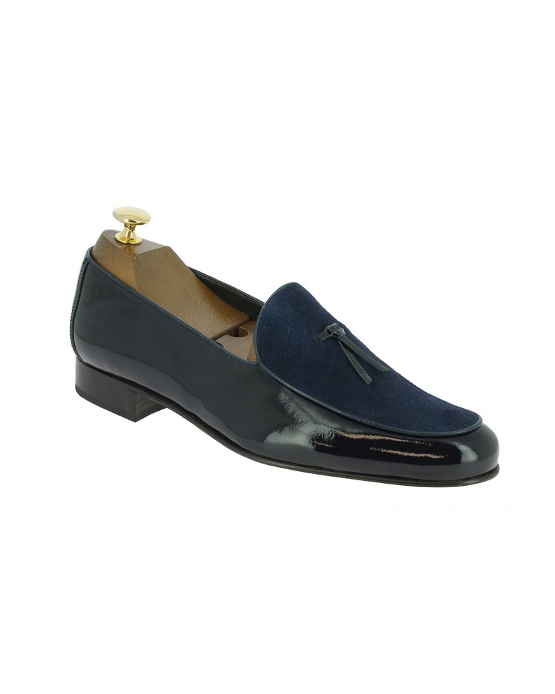 Moccasin slippers sleepers Center 51 Bimat bi-material blue navy varnished leather and suede