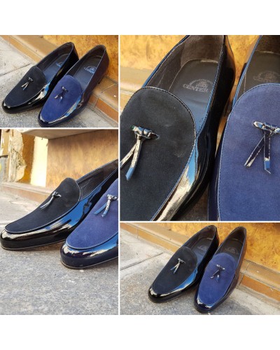 Moccasin slippers sleepers Center 51 Bimat bi-material blue navy varnished leather and suede