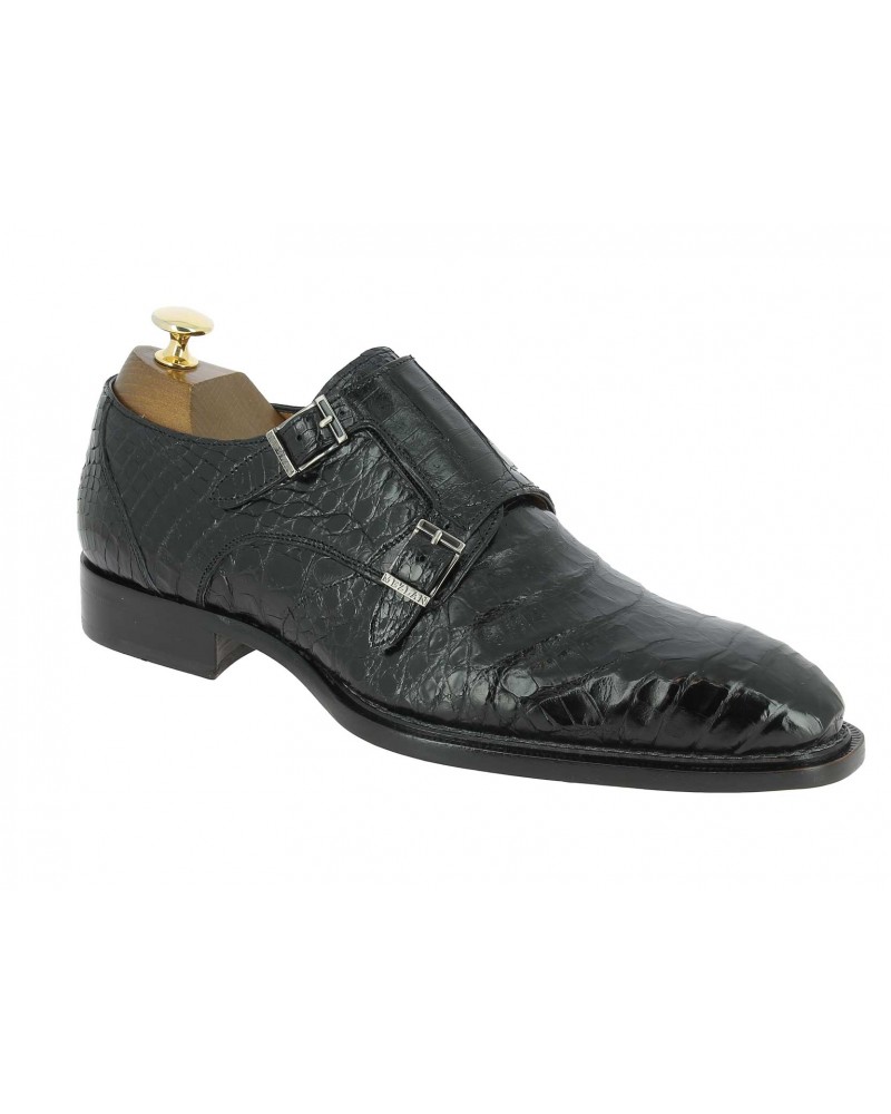 Double Monk strap shoe Mezlan 3998 genuine black crocodile