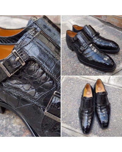 Double Monk strap shoe Mezlan 3998 genuine black crocodile