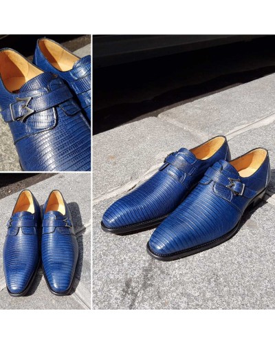 Monk strap shoe Mezlan 4594 genuine navy blue lizard