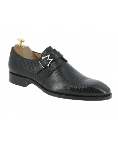 Chaussure à boucle Mezlan 4594 véritable lézard noir