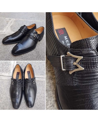 Monk strap shoe Mezlan 4594 genuine black lizard