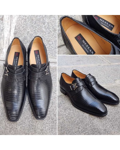 Chaussure à boucle Mezlan 4594 véritable lézard noir