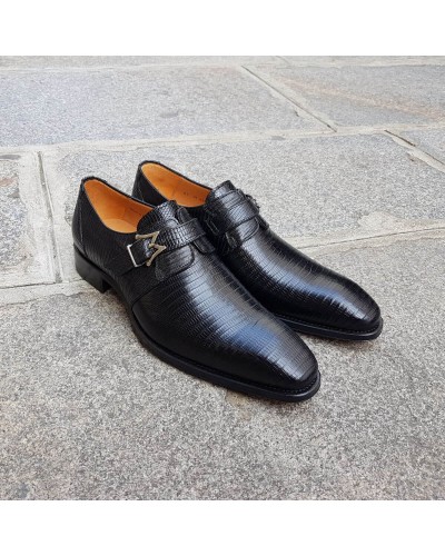 Chaussure à boucle Mezlan 4594 véritable lézard noir
