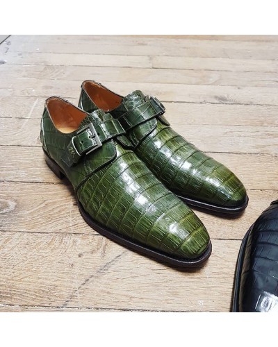 Chaussure à boucle Mezlan 4312 véritable crocodile vert