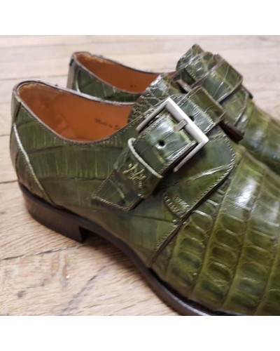 Chaussure à boucle Mezlan 4312 véritable crocodile vert