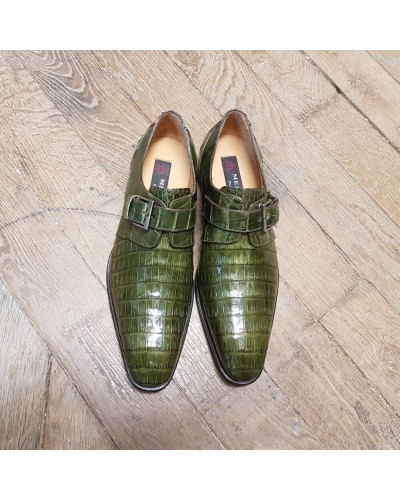 Chaussure à boucle Mezlan 4312 véritable crocodile vert