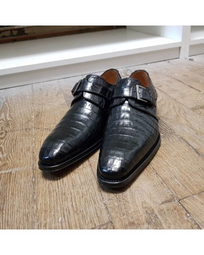 Chaussure à boucle Mezlan 4312 véritable crocodile noir