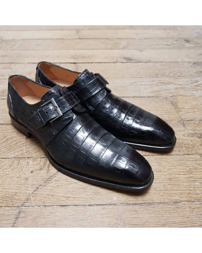 Chaussure à boucle Mezlan 4312 véritable crocodile noir