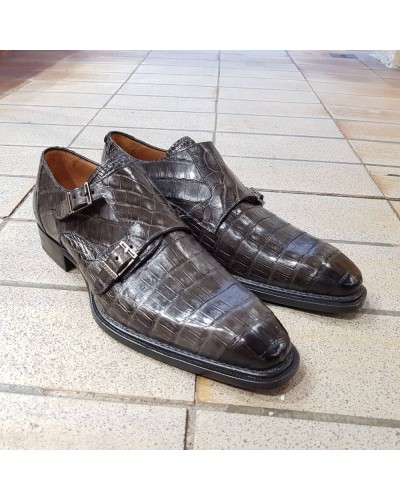 Double Monk strap shoe Mezlan 3998 genuine grey crocodile