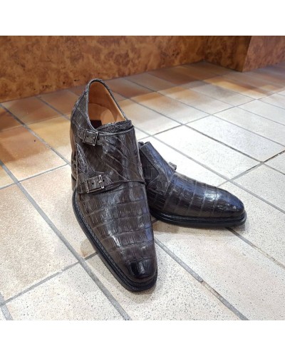 Chaussure à double boucles Mezlan 3998 véritable crocodile gris