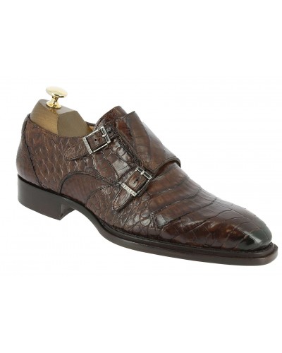 Double Monk strap shoe Mezlan 3998 genuine brown crocodile