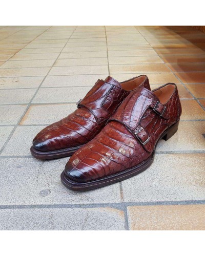 Double Monk strap shoe Mezlan 3998 genuine brown crocodile