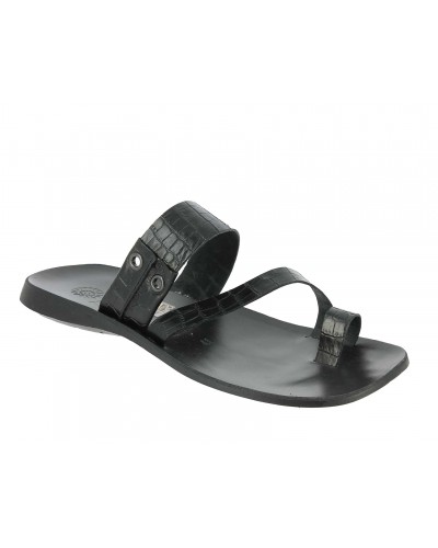 Sandals Zeus 1092 black leather crocodile print finish