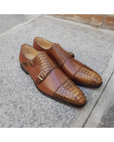 Double Monk strap shoe Center 51 13220 bi-material brown leather and brown python print finish