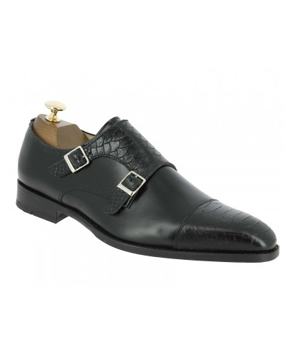 Double Monk strap shoe Center 51 13220 bi-material black leather and black python print finish