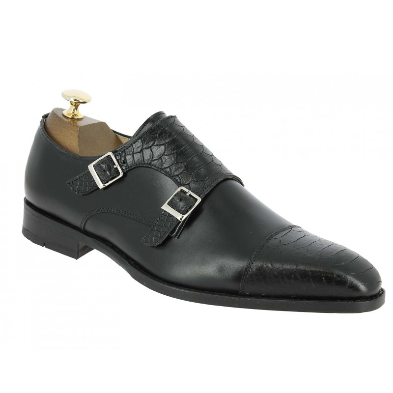 Double Monk strap shoe Center 51 13220 bi-material black leather and black python print finish