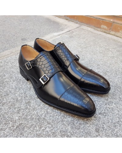 Double Monk strap shoe Center 51 13220 bi-material black leather and black python print finish