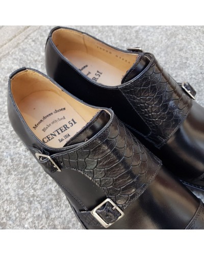Double Monk strap shoe Center 51 13220 bi-material black leather and black python print finish