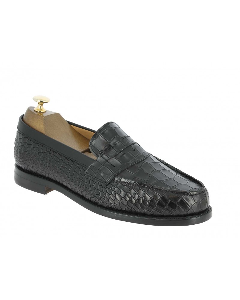 Moccasin shoe Berwick 4456 black leather crocodile print finish