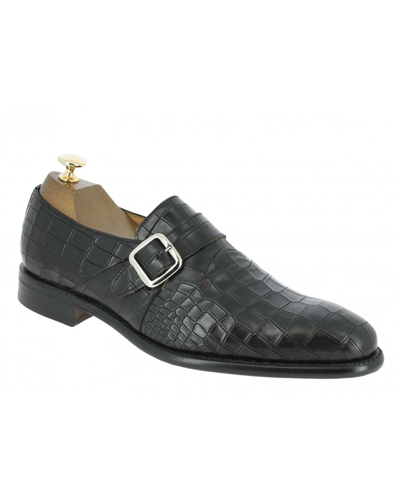 Monk strap shoe Berwick 3520 black leather crocodile print finish