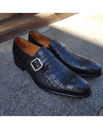 Monk strap shoe Berwick 3520 black leather crocodile print finish