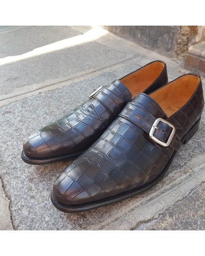 Monk strap shoe Berwick 3520 black leather crocodile print finish