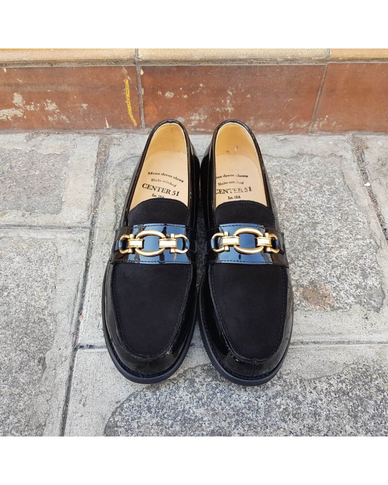 Mocassins Femme Damart En Cuir Vernis Noir Et Daim - Pointure 37 - Occasion Très Bon état