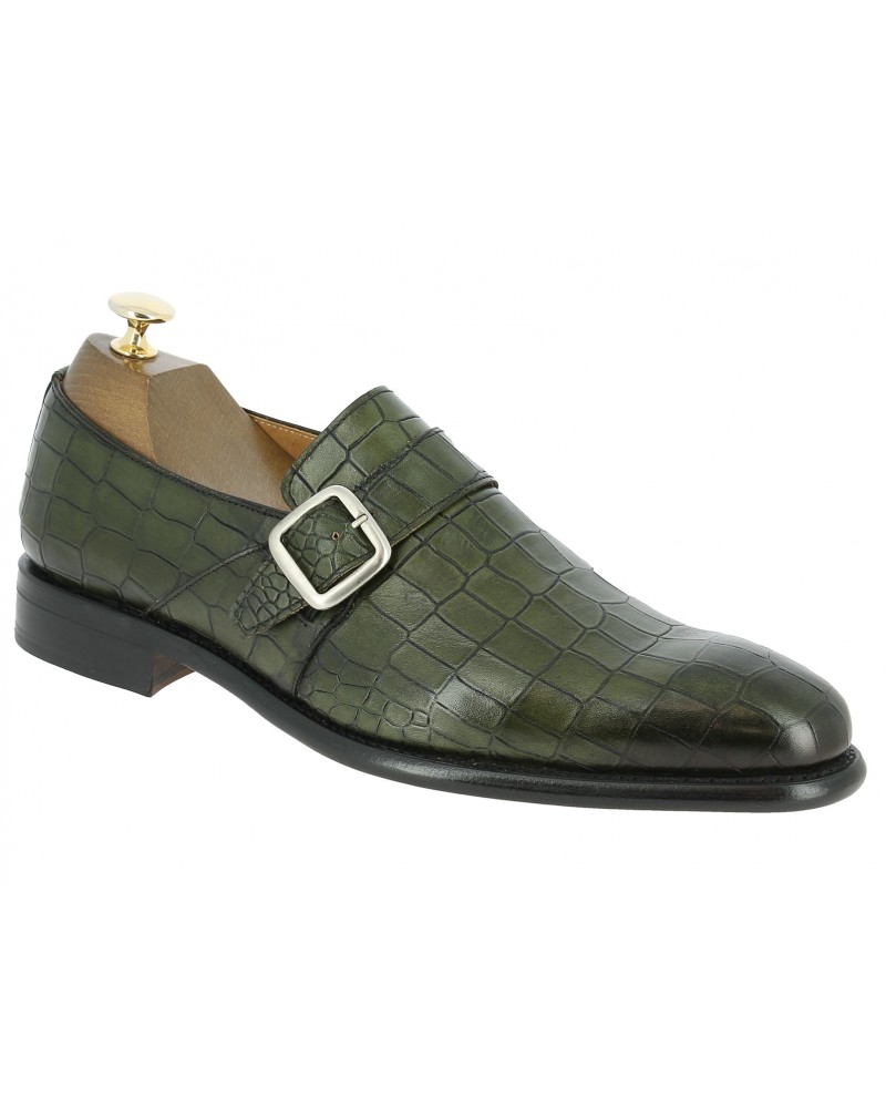 Monk strap shoe Berwick 3520 green leather crocodile print finish