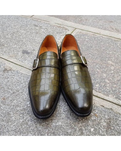 Monk strap shoe Berwick 3520 green leather crocodile print finish