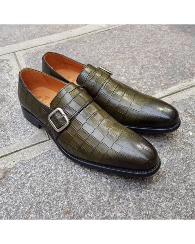 Monk strap shoe Berwick 3520 green leather crocodile print finish