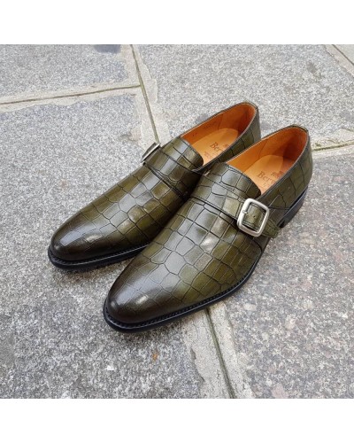 Monk strap shoe Berwick 3520 green leather crocodile print finish