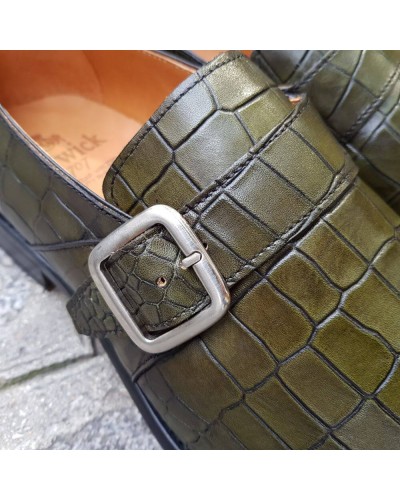 Chaussure à boucle Berwick 3520 cuir façon crocodile vert