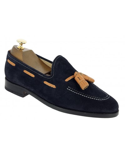 Mocassin à pompons Center 51 3136 Will daim marine pompons cuir marron