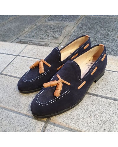 Mocassin A Pompons Center 51 3136 Will Daim Marine Pompons Cuir Marron