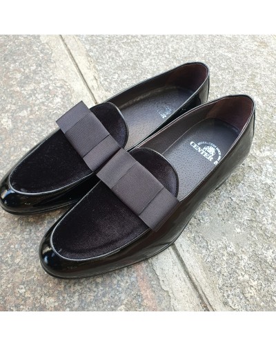 Mocassin a noeud slippers sleepers Center 51 Xmas cuir vernis noir velours noir et noeud noir