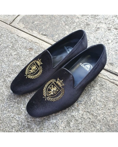 Mocassin brodé slippers sleepers Center 51 crown velours noir