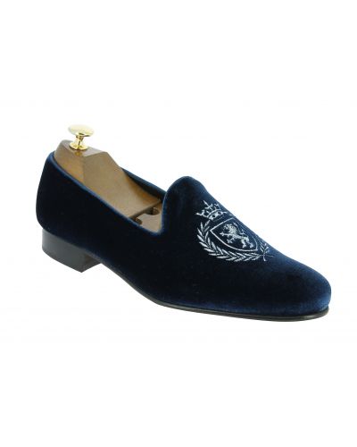 Moccasin embroidered slippers sleepers Center 51 crown blue navy velvelt