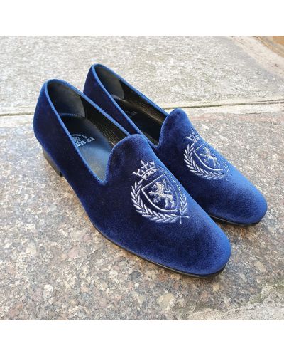 Moccasin embroidered slippers sleepers Center 51 crown blue navy velvelt