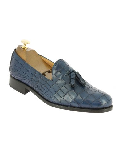 Moccasin shoe with pompons Center 51 Classico Safety blue navy leather croco print finish