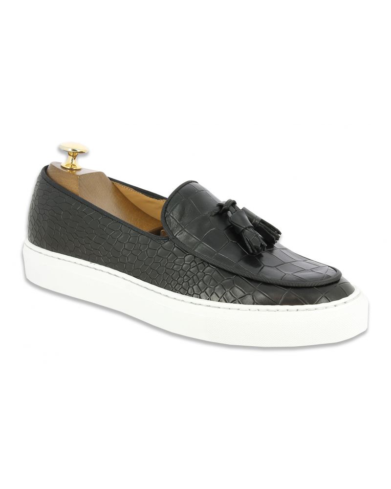 Sneakers mocassin à pompons Center 51 Coolest cuir noir façon croco